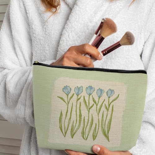 Grandmillennial Blue Tulip Floral Makeup Cosmetic Bag for Women, Modern Southern Blue and Green Botanical Flower Aesthetic Portable Travel Toiletry Bag Zipper Makeup Pouch - color: Flower seven