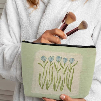 Grandmillennial Blue Tulip Floral Makeup Cosmetic Bag for Women, Modern Southern Blue and Green Botanical Flower Aesthetic Portable Travel Toiletry Bag Zipper Makeup Pouch - color: Flower seven
