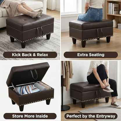 28.5 Inch Storage Ottoman Bench with Hidden Storage, PU Leather Upholstered Foot Rest Stool, Tufted End of Bed Bench for Bedroom Living Room, Easy to Clean, Linen Brown - color: Dark Brown