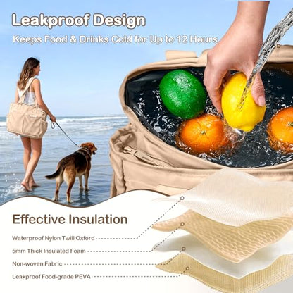 Odoland Soft Cooler Bag - Leakproof & Insulated, 2-in-1 Collapsible Design, Dry/Wet Separation, Large Soft Sided Cooler with Multi-Pocket Design for Beach, Picnic, Camping, Day Trip, Family Size - color: Khaki