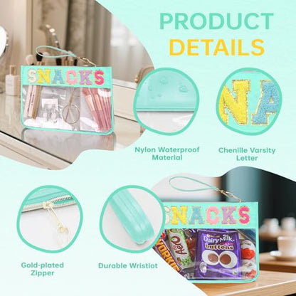 Chenille Letter Clear Zipper Pouch for Travel Preppy Patch Makeup Bag-Nylon Cosmetic Preppy Makeup Waterproof Organizer Bag Set for Women Valentines Bag (LS-SNACKS) - color: LS-SNACKS