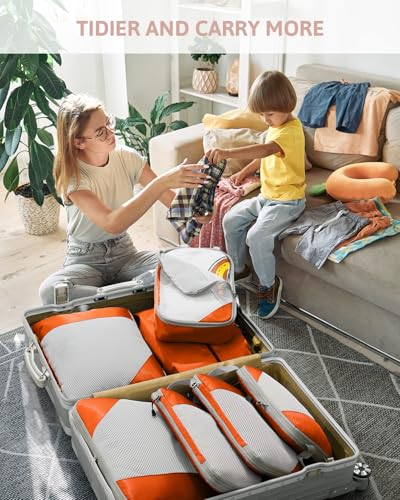 Meowoo 7 Set Compression Packing Cubes for Travel, Durable Ripstop Mesh Suitcase Organizer with Shoe Bag, Ultralight & Expandable Space Saver Travel Cubes - color: Orange