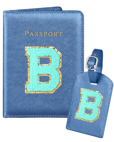 Slohif Passport Holder Initial Lugguage Tag Set Suitcase Cover Wallet Case for Travel Women - Leather Letter Passport Book Personalized Organizer Card Protector Sleeve Essentials Slim Carrier Blue B - color: Blue, style: B