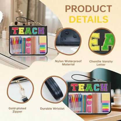 Chenille Letter Clear Zipper Pouch for Travel Preppy Patch Makeup Bag-Nylon Cosmetic Preppy Makeup Waterproof Organizer Bag Set for Women Valentines Bag (Black-Teach) - color: Black-Teach