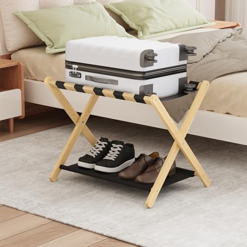 Smuxee Natural Bamboo Luggage Rack for Guest Room, Foldable Suitcase Stand with Storage Shelf, Easily Assembled Luggage Stand with 5 Nylon Straps for Guest Room Bedroom Hotel - color: Natural 1PCS