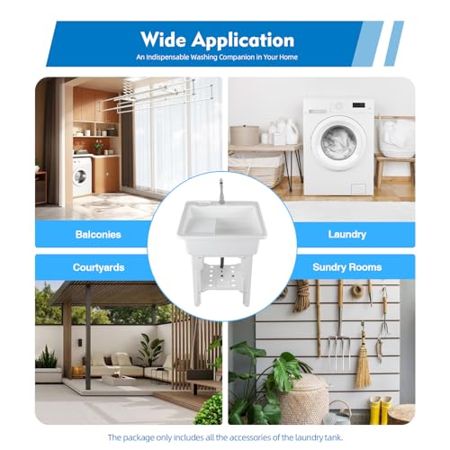 Freestanding Plastic Laundry Sink with Water Faucet, Indoor Outdoor Utility Sink with Washboard, Utility Sink Laundry Tub for Laundry Room/Garage/Garden (25.59x21.65x31.5 Inch) - color: White, 25.6 x 21.7 x 31.5in