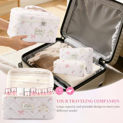 3PCS Coquette Makeup Bag,Quilted Cosmetic Bag Large Make Up Bag Set,Quilted Portable Toiletry Organizer Bag,Cotton Travel Skincare Bag for Women Girls (05-Pink Rabbit) - style: 05-pink Rabbit