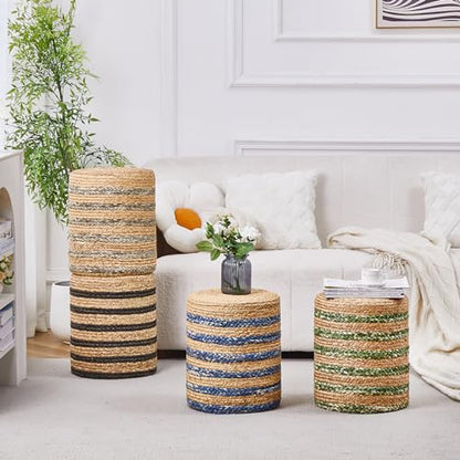 Wimarsbon Ottoman Natural Seagrass Foot Rest Stool Hand Weave Round Foot Stool Pouf Boho Vanity Stools with Non-Skid Mat for Living Room Bedroom Hallway - color: Mix White-1