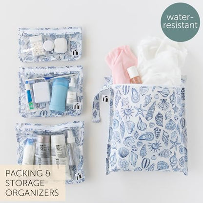 Bumkins Roamio Wet Bag and 3-Pack Clear-Sided Travel Pouches, Waterproof Fabric Organizer for Toiletries, Gym Clothes, Swim Gear, Shoes, Accessories, TSA Compliant Packing Set, Blue Shells 4-pc Set - color: Blue Shells