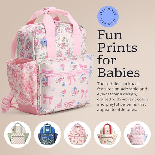 Itzy Ritzy Toddler Backpack - Daycare Bag - Features Adjustable Shoulder Straps, 2 Side Pockets & Spacious Interior with Wipeable Fabric Lining & Name Label, Ribbons & Roses Backpack - color: Ribbons