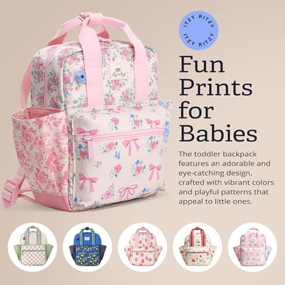 Itzy Ritzy Toddler Backpack - Daycare Bag - Features Adjustable Shoulder Straps, 2 Side Pockets & Spacious Interior with Wipeable Fabric Lining & Name Label, Ribbons & Roses Backpack - color: Ribbons