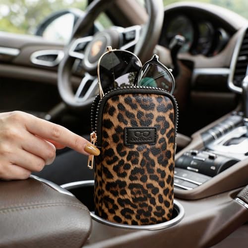 KINIVA Double Eyeglass Case for Men Women, 2-in-1 PU Dual Sunglasses Case, Scratch-Proof Travel Eyeglass Holder for Purse Car - style: Leopard