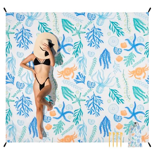 Beach Blanket Waterproof Sandproof, Extra Large Beach Blanket, Sand Free Waterproof Picnic Blanket for Beach Trip, Camping, Park & Travel – Lightweight Oversized Beach Mat for Family Beach Essentials - color: Coastal, size: 9x10 FT (1～8 person)