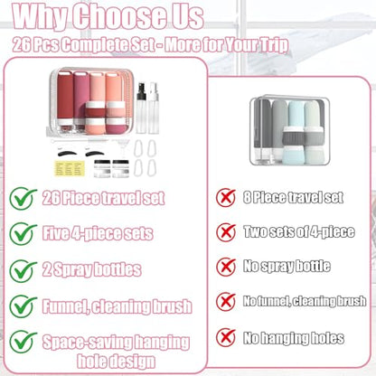26 Pcs TSA Approved Travel Toiletry Bottles Set, Leakproof Silicone Refillable Travel Containers with Hanging Hole & Carabiner, Travel Essentials, for Shampoo Conditioner Lotion Body Wash - style: G