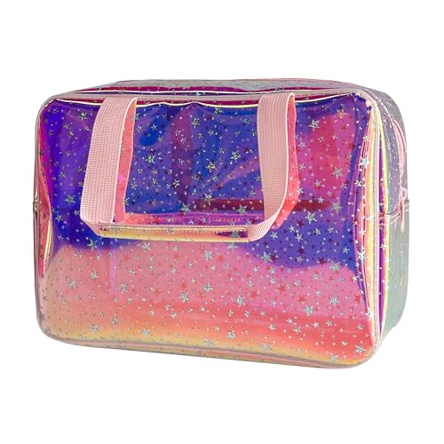 TPU Holographic Pink Star Large Cosmetic Bag 12x5x8 inch Travel Pouch with Handle,Durable Material,Zipper Design-Ideal for Makeup,Travel Essentials (9593-8) - color: Pink 9593-8