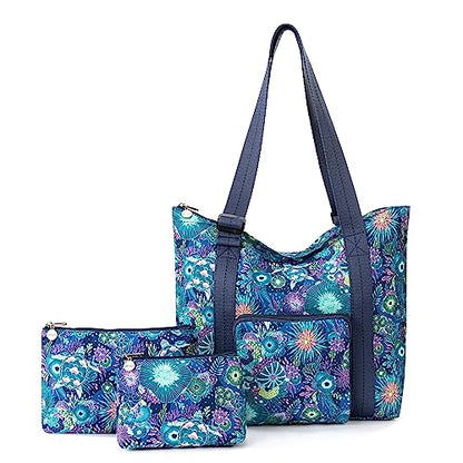 Sakroots On the Go 4 Piece Travel Bundle, Includes 21" Rolling Suitcase, Packable Large Tote, Medium & Small Pouches - color: Royal Blue Seascape