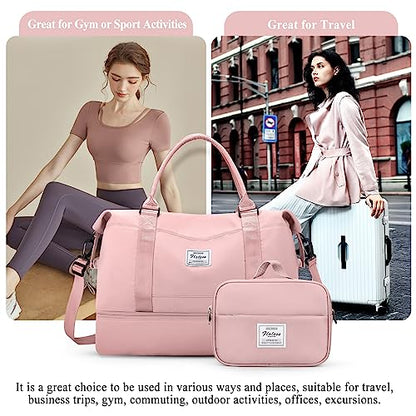 SYCNB Weekender Bags for Women,Personal Item Travel Bag with Shoes Compartment,Overnight Travel Duffel Bag with Separate Toiletry Bag&Mini Crossbody Bag,Gym Bag - color: C-Pink-3pcs, size: Large
