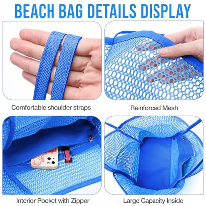 KPX Beach Bag with Mini Pocket, Summer Beach Tote Bags for Women Large Foldable Mesh Swimming Pool Travel Bags - Sandproof - color: Ocean Blue