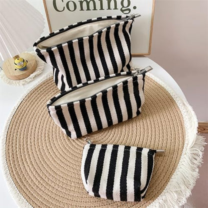 HAPPYHEIDI Large Stripe Makeup Bag Cosmetic Toiletry Travel Pouch, Purse Organizer, Canvas Lined, Black White, Large - color: Classic Black White Stripes Large