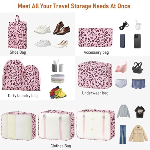 Packing Cubes for Travel - 8 Set Luggage Organizer Bags for Family, Mesh Breathable Packing Cubes for Suitcases Durable Travel Essentials Bags Set - color: Purple Leopard Print