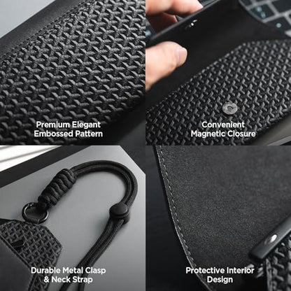VULKIT Portable Leather Eye Glasses Case for Women & Men, Slim Sunglass Case, Unisex Eyeglass Case - color: Black With Lanyard