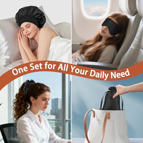 Satin Hair Bonnet Set for Sleeping, Hair Wrap Sleep Bonnets for Women Sleeping, Soft Bonnet for Long Hair, 4 PCS - color: Black