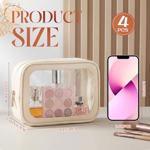 Abbylike 4 Pcs Beige Clear Makeup Bag PU Leather Tsa Approved Toiletry Bag with Zipper Transparent Waterproof Portable Cosmetic Bags Travel Car Clear Organizer Bags for Women Girl Mother's Day - color: Beige