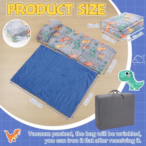 Preschool Nap Mat with Pillow and Blanket, 21" x 50" Glow Sleeping Bag Toddler Nap Mat for Daycare Kids, 2" Thick All in one Foldable Floor Mattress for Girl Boys - style: Dinosaur Pattern