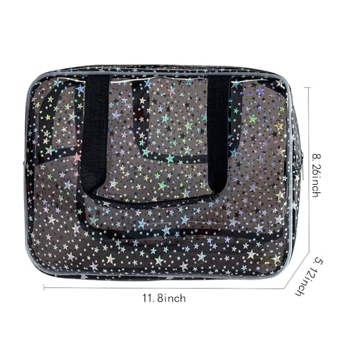 Black Holographic Star Cosmetic Bag for Women 11.8x5.1x8.2 Inches Portable Travel Toiletry Bag with Handles,Durable PVC Material,Zipper Design-Ideal Large Clear Makeup Organizer - color: Gray