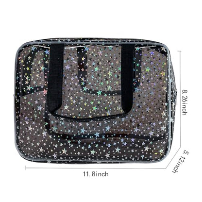 Black Holographic Star Cosmetic Bag for Women 11.8x5.1x8.2 Inches Portable Travel Toiletry Bag with Handles,Durable PVC Material,Zipper Design-Ideal Large Clear Makeup Organizer - color: Gray