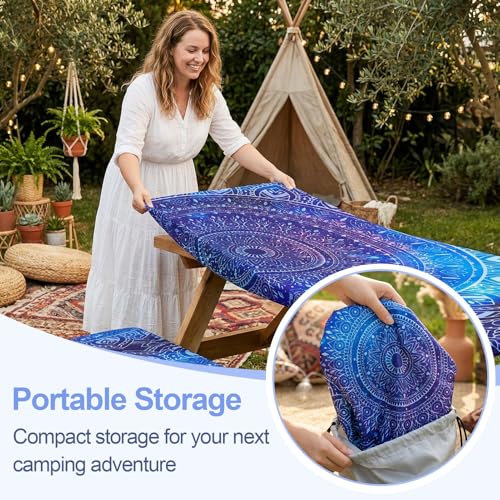 Picnic Table Cover with Bench Covers Camping Essentials Waterproof Windproof Camping Tablecloth with Drawstring Bag, Fitted Rectangle Tables and Seats, 96in, Blue Purple - color: Blue Purple, size: 96in
