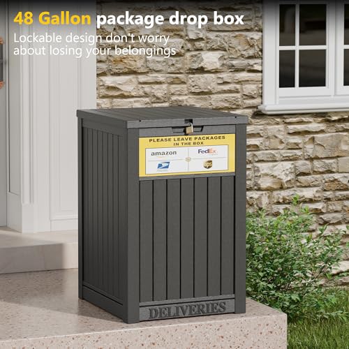LHBGO Package Delivery Box for Outside, with Delivery Sign 48 Gallon Storage with Lockable Secure, Large Resin Outdoor Package Drop Container - color: Black with Delivery Sign
