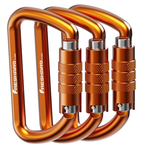 FresKaro 3inch 12kN-2698lbs Auto Locking Carabiner Clips, Solid D Shape, Heavy Duty 7075 Aluminum, Lightweight 1.09oz, Rust Proof, for Hammock, Hiking, Dog Leash, Keychain etc., Multi-Colors - color: Orange-3pcs