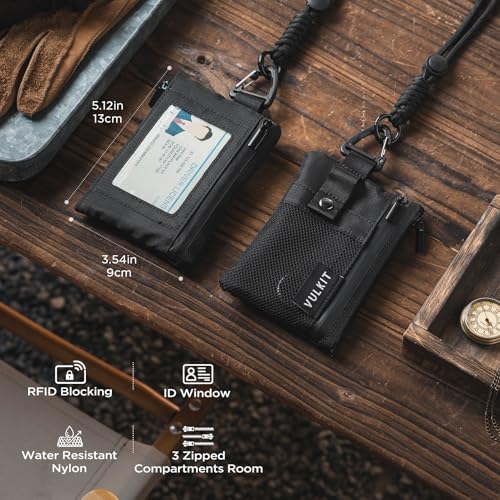 VULKIT Small Minimalist Wallet for Women and Men RFID Blocking, Zipper Coin Pouch with ID Window and Keychain, Water Resistant Travel Lanyard Wallet Black - color: Black