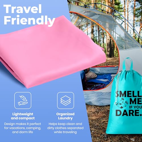 Extra Large Travel Laundry Bag - 2-Pack Fun Print Design Bags for Dirty Clothes - Durable Water-Resistant Fabric - Sturdy Drawstring Closure (Pink-Teal | Smell Me If You Dare) - color: Pink-teal | Smell Me