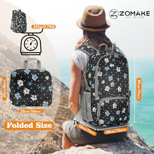 ZOMAKE Lightweight Packable Backpack 30L, Foldable Hiking Backpacks Water Resistant Compact Folding Daypack for Travel(Black,Floral pattern) - color: Black,floral Pattern