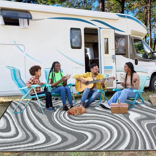 Garvee Outdoor Rug 9x12 Patio Waterproof, Abstract Outdoor Plastic Straw Rug Camping Rugs for Outside Your RV, Reversible Foldable Mats with Portable Bag for Balcony, Backyard, Picnic, Black Grey - color: Modern|grey/White, size: 9' x 12' (Rectangular)