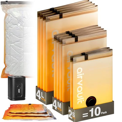 AirVault Vacuum Storage Bags for Travel & Home - Space Saver Compression Packing Bags Set for Clothes, Blankets & Seasonal Storage, Small (2), Medium (4), Large (4) (Orange,10-Pack Combo) - style: 10-Pack | Combo (S/M/L)