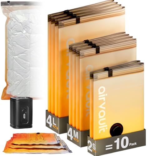 AirVault Vacuum Storage Bags for Travel & Home - Space Saver Compression Packing Bags Set for Clothes, Blankets & Seasonal Storage, Small (2), Medium (4), Large (4) (Orange,10-Pack Combo) - style: 10-Pack | Combo (S/M/L)