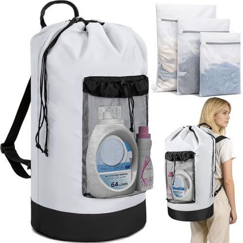 150L Laundry Bag Backpack with 3 Sizes Mesh Wash Bags and Shoulder Straps Foldable Clothes Hamper Bag with Drawstring Closure for College, Apartment, Laundromat(White) - color: White