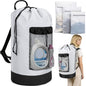 150L Laundry Bag Backpack with 3 Sizes Mesh Wash Bags and Shoulder Straps Foldable Clothes Hamper Bag with Drawstring Closure for College, Apartment, Laundromat(White) - color: White