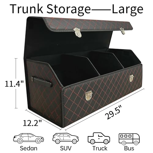 Car Trunk Organizer with Lid,Foldable Faux Leather Cargo Storage Box,3 Compartments,Collapsible Multi-Functional for SUV,Sedan,Vehicle Trunk - color: Black Red Grid, size: Large