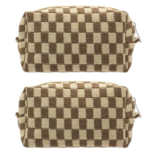 PAZIMIIK Checkered Makeup Bag for Purse Portable Zipper Make Up Pouch Small Cosmetic Case for Travel Accessories (2PCS Coffee) - color: COFFEE, size: 2PCS BOX POUCH