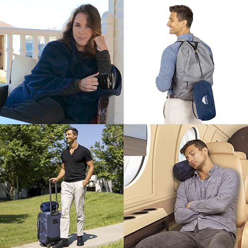 BlueHills Travel Blanket Pillow Rolled Premium Soft Plush Airplane Throw Traveling Essential Gift Compact in a Bag 70 X 48 inches Long Plane Flight Portable Lightweight Navy Blue R04 - color: R04-navy Blue