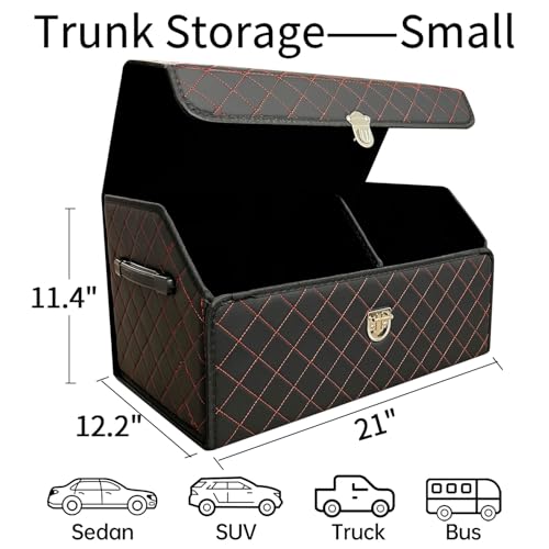 Trunk Organizer for Car With Lid,Foldable Trunk Organizer for SUVs & Sedans,Multi-Functional Leather Storage Box- Black Red Grid - Small - color: Black Red Grid, size: Small
