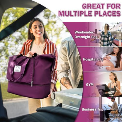 Ranslen Large Capacity Folding Travel Bag,Expansion Travel Duffel Bag with Dry and Wet Separation Portable Travel Duffel Bag - color: Fuchsia