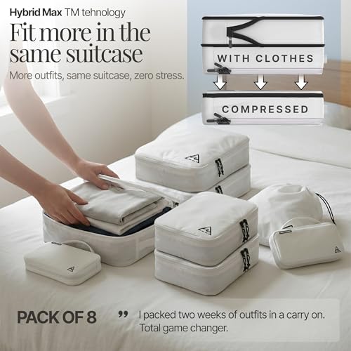 Well Traveled 8 pcs Compression Packing Bags Cubes Set with HybridMax Double-Capacity Design - Packing Cubes for Travel Compression to Maximize Limited Luggage Space, White - color: White, size: 8-piece