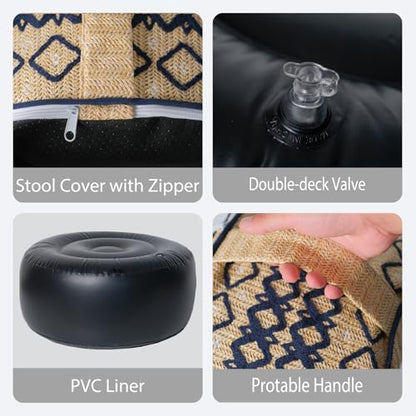 Outdoor Inflatable Ottoman with Air Pump, Embroidery Patio Footrest Stool D21”x H9”, Round Pouf Ottoman with Portable Handle Suitable for Garden, Camping, Bedroom, Living Room - color: Navy Embroidery
