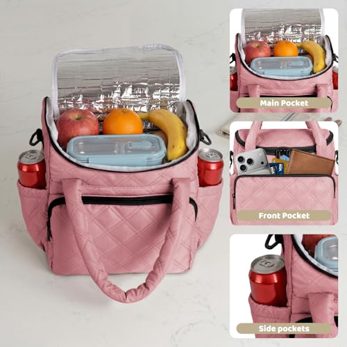 Women's Insulated Lunch Tote Bag - Inch Quilted Lunch Box for Women, Large Waterproof Cooler Bag with Pockets for Work, Picnic, Adult (deep pink) - color: deep pink