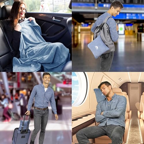 BlueHills Premium Soft Plush Travel Blanket Pillow for Airplane Traveling Essentials in a Bag Flight Throw with Hand Luggage Belt Backpack Clip Compact Portable Plane Accessories Grayish Blue - T026 - color: Grayblue-1pk-t026